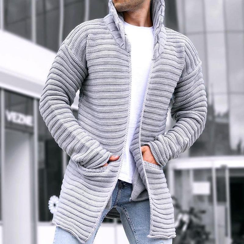 Men's Solid Stand Collar Mid-length Knit Cardigan