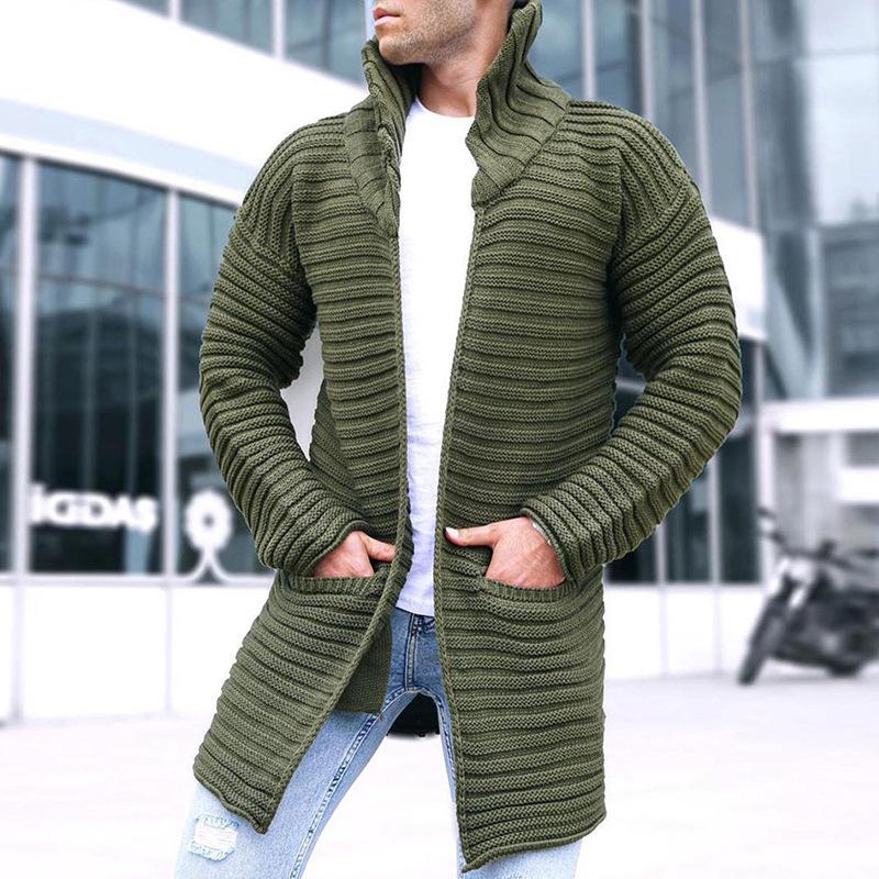 Men's Solid Stand Collar Mid-length Knit Cardigan