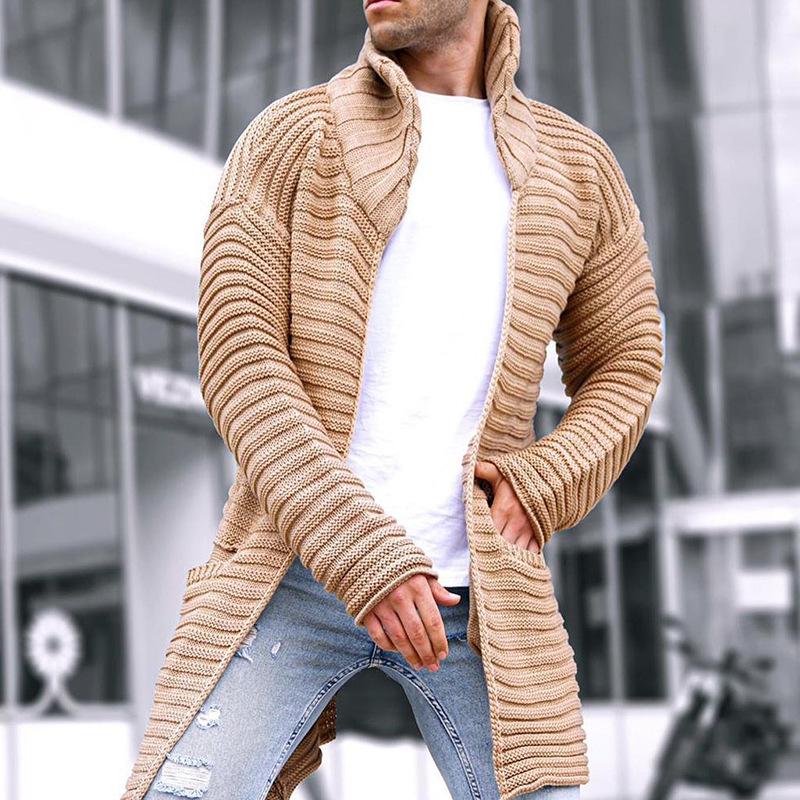 Men's Solid Stand Collar Mid-length Knit Cardigan