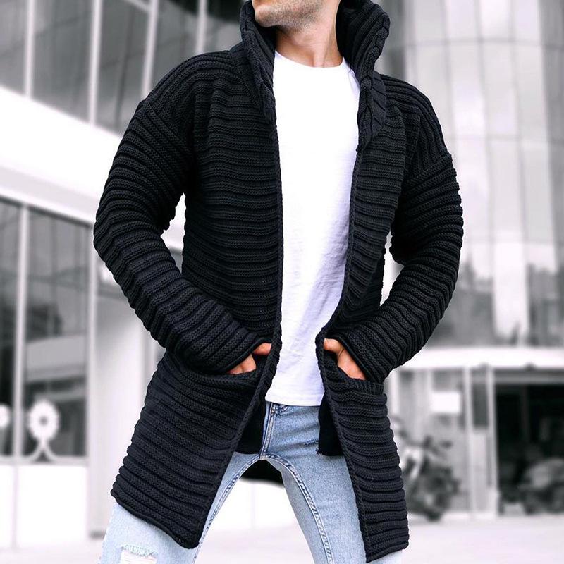 Men's Solid Stand Collar Mid-length Knit Cardigan